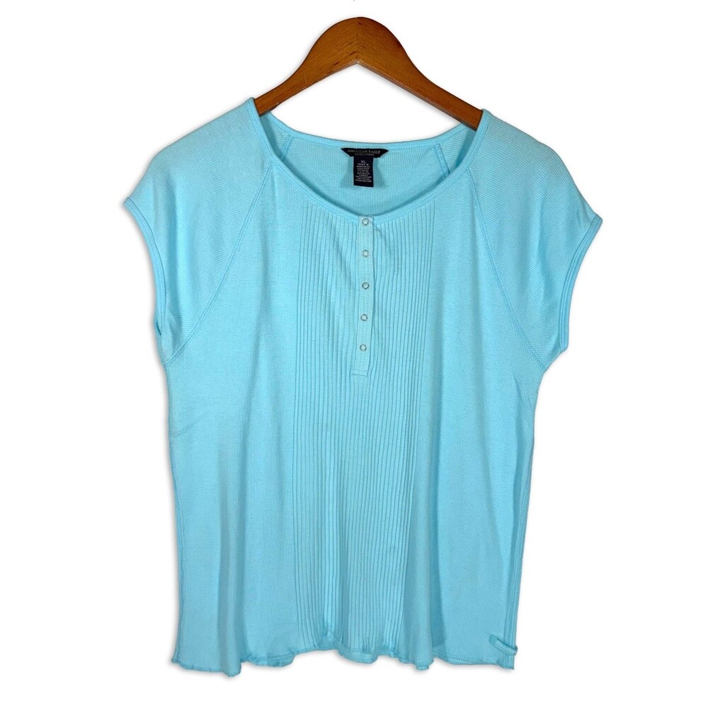 Y2K American Eagle Ribbed Henley Top T Shirt Aqua Blue Baby Tee XL